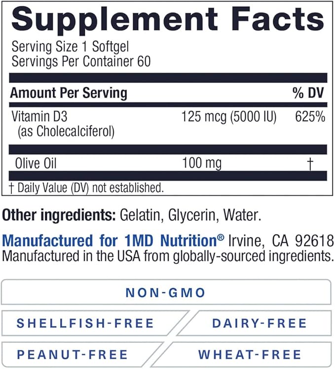 1MD Nutrition Vitamin D3 5000 IU Softgels | Bone Health, Muscle Function, & Immune Support | Wheat Free and Non-GMO with Olive Oil | 2-Month Supply
