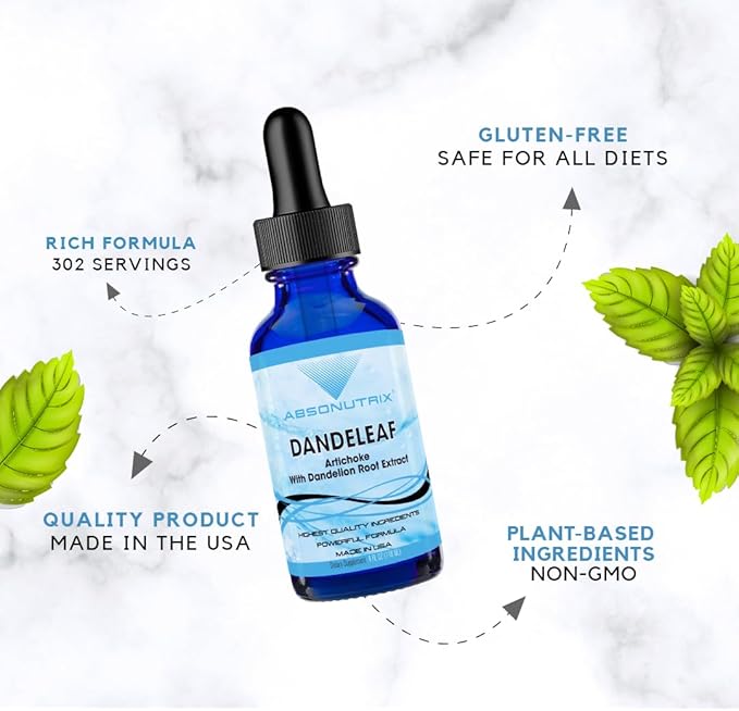 Absonutrix DandeLeaf, 390 mg, 4 FL OZ Liquid, 302 Servings, Made in USA, Potent Plant-Based Ingredients, Artichoke Leaf, Dandelion Root Extract, Gluten-Free, Non-GMO, GMP Certified