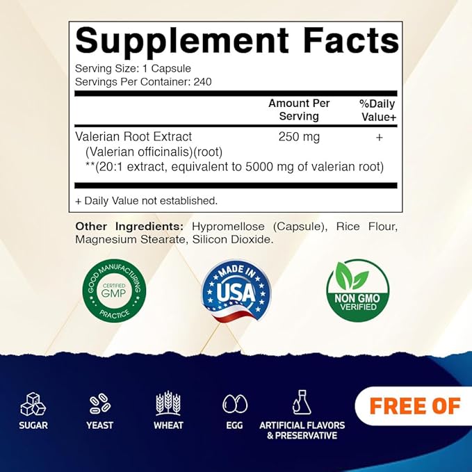 Vitamatic Valerian Root 5000mg Equivalent Per Serving (from 20:1 Extract 250 mg) - 240 Capsules - 20X Concentrated Extract