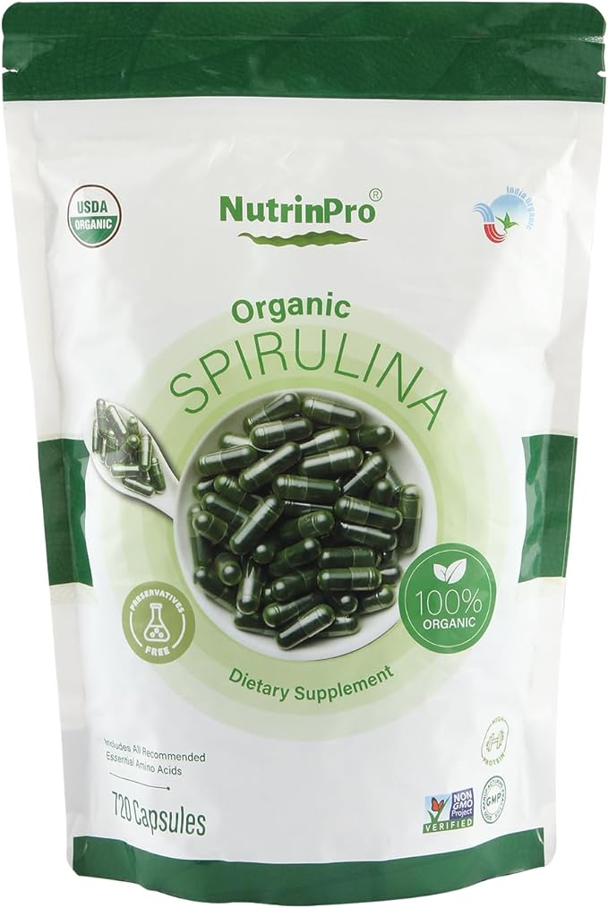 USDA Organic Spirulina Capsules - 100% Pure Vegan Supplement, Non-GMO, Gluten-Free, Chemical-Free, (720)