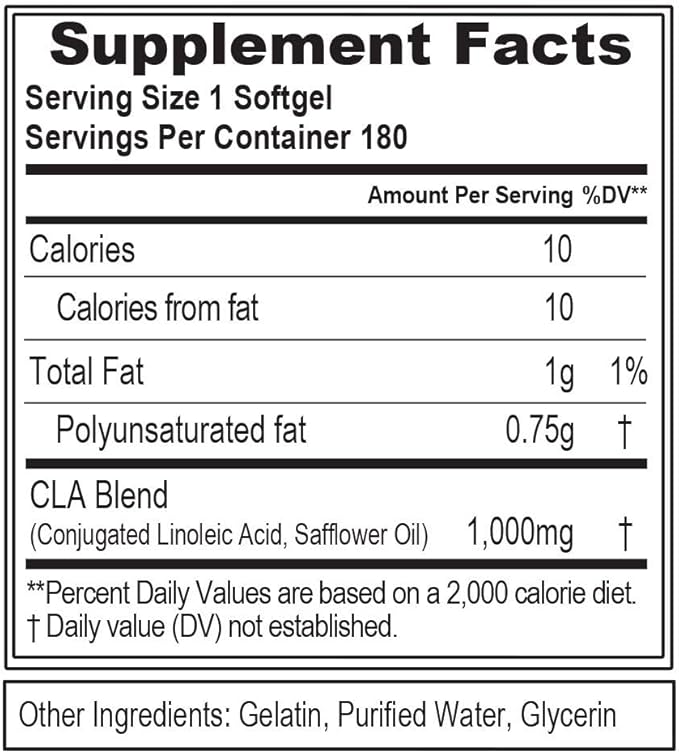 Conjugated Linoleic Acid CLA Pills - CLA 1000mg Diet Pills to Support Weight Loss Fat Burning Lean Muscle and Faster Metabolism - Stimulant-Free CLA 1000mg Safflower Based Fat Loss Support Pills - 180