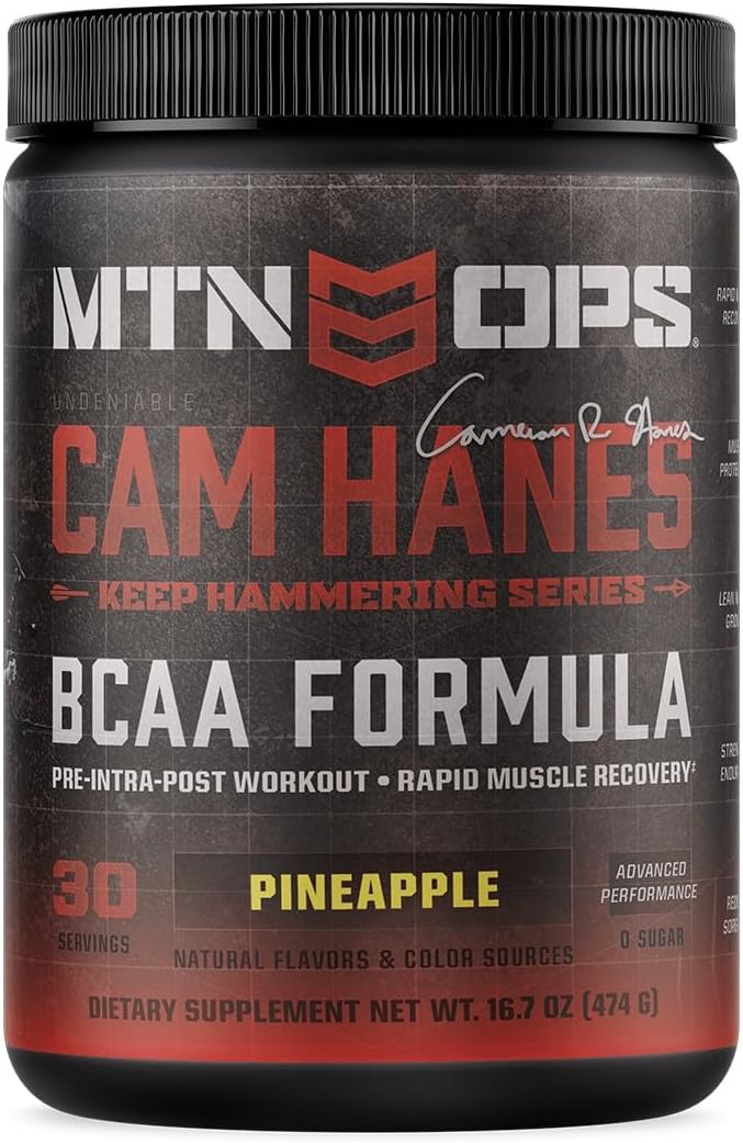 MTN OPS BCAA Powder, 2:1:1 Amino Acids Supplement Powder for Rapid Muscle Recovery & Repair with Zero Sugar & Gluten Free - 30-Serving Tub Pineapple Flavor, Cameron Hanes Keep Hammering Series