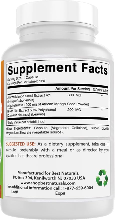 Best Naturals African Mango with Green Tea 1400 mg per Serving - 120 Vegetarian Capsules