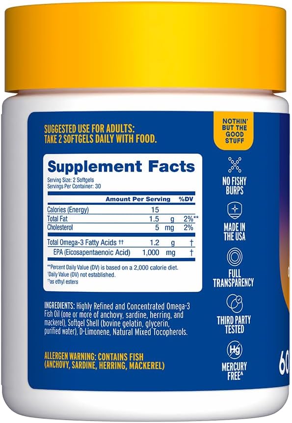 Oceanblue Essentials Mood Food Omega 3 - Triple Strength Burpless Fish Oil - High Potency 1000 MG EPA for Mood & Heart Support - Mini Softgels - Non-GMO - 60ct -1 Month Supply