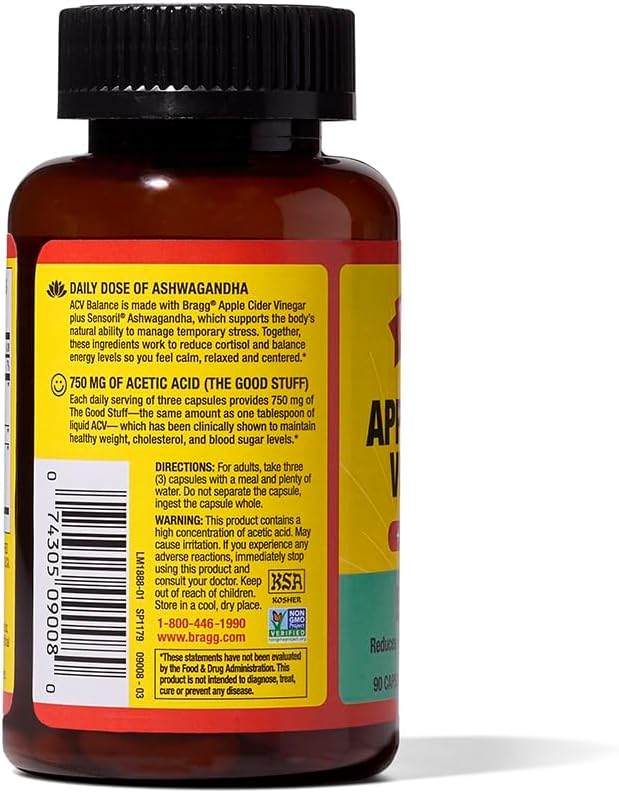 BRAGG Daily Balance Apple Cider Vinegar and Sensoril Ashwagandha Capsules - 750mg of Acetic Acid – Energy & Weight Management Support - (90 Pills)