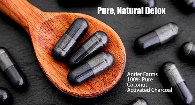 Antler Farms - 100% Pure Coconut Activated Charcoal, 180 Capsules 260mg - Wild Harvested, Virgin Coconut Shell, USP Food Grade, Steam Activated, Ultra Fine