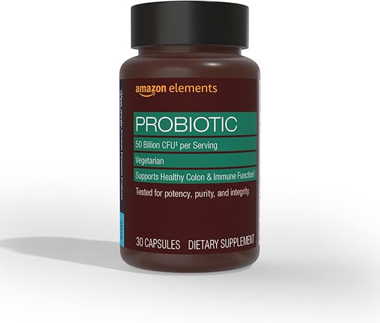 Amazon Elements - One Daily Adult Probiotic Blend, Supports Healthy Colon and Immune Function, 50 Billion CFU (2 Strains), 30 Capsules, 1 Month Supply