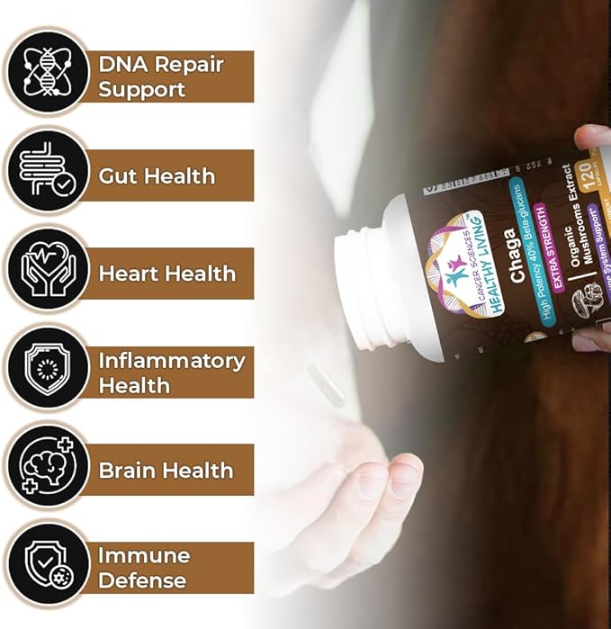 Cancer Sciences Chaga Wellness Mushrooms Supplement, USDA Certified Organic Mushroom Extract, Extra Strength 1,500 mg, High Potency 40% Beta-Glucans, Immune Support, Gut Health, Antioxidant, 120 Caps