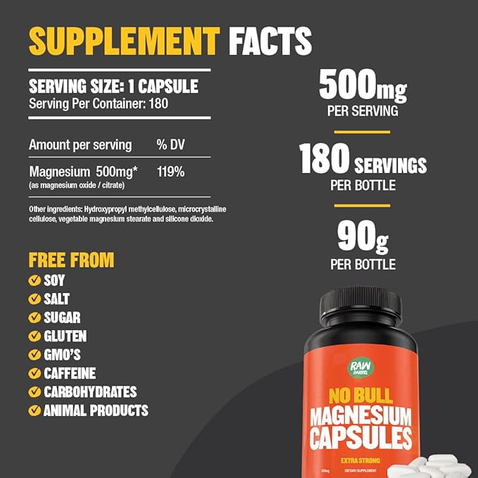 “No Bull” Magnesium Capsules, Unique Magnesium Citrate and Oxide Formula for Sleep and Relaxation, Magnesium Pills to Prevent Muscle Aches and Spasms, Magnesium Oxide Citrate, 500g