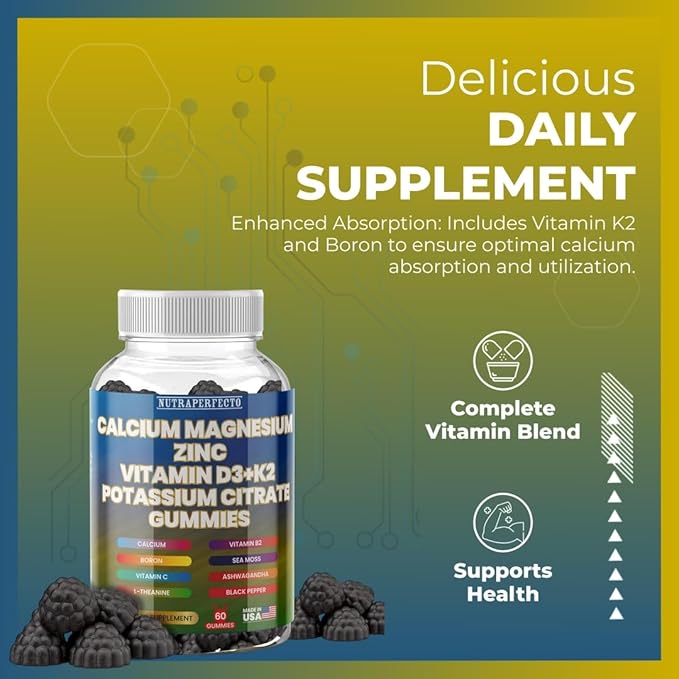 Sugar Free Calcium Gummies for Kids & Adults Citrate Magnesium Glycinate Potassium Vitamin D3 K2 B2 B6 C Irish Sea Moss Ashwaghanda L-Theanine Boron Zinc Gummies for Muscles, Cellular Energy