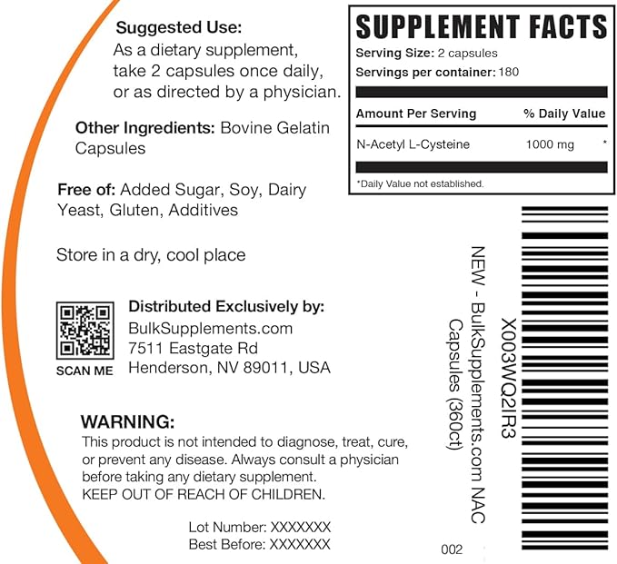 BulkSupplements.com N-Acetyl L-Cysteine 1000mg Capsules - N-Acetyl Cysteine 1000mg, NAC Supplement - NAC 1000mg, Gluten Free - 2 Capsules per Serving, 360 Capsules (Pack of 1)