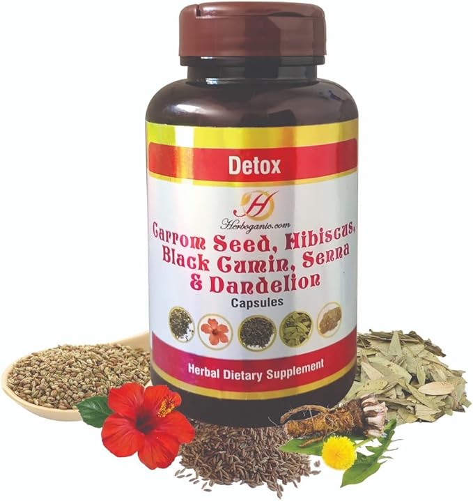 Detox Capsules with Carrom Seed, Hibiscus, Black Cumin, Senna, and Dandelion | 500mg |All Natural Detoxification | 60 Capsules……