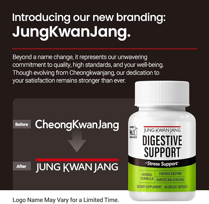 JungKwanJang Digestive Support, Papain 400mg, American Ginseng 143mg, Bromelain 400mg, for Digestive Advantage and Nutrient Absorption, 60 Capsules for Men and Women