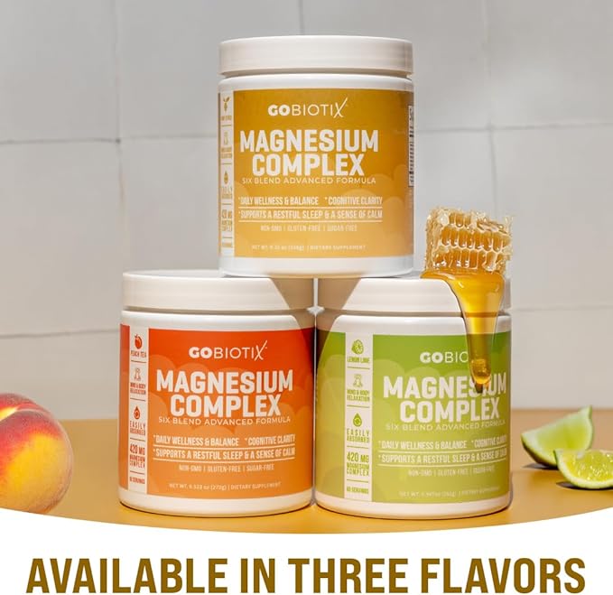 GoBiotix Magnesium Glycinate Powder – Cortisol Supplement for Women and Men – High Absorption Magnesium Complex Calm Supplement with Citrate, Malate – Sugar Free – 420 mg, 60 Servings, Peach Tea