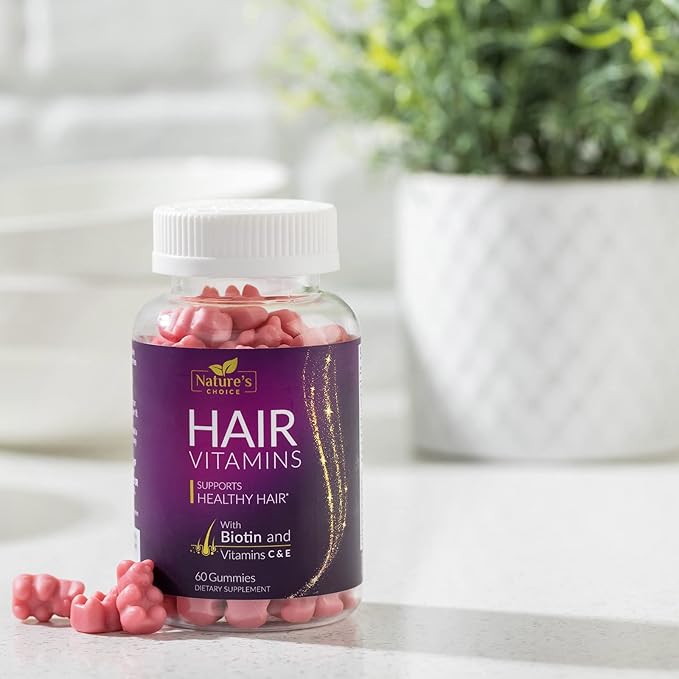 Hair Vitamins Gummies with Biotin 5000 mcg Vitamin E & C Support Hair Growth Gummy, Premium Vegetarian Non-GMO, for Stronger, Beautiful Hair, Skin & Nails, Biotin Gummies Supplement - 60 Gummy Bears