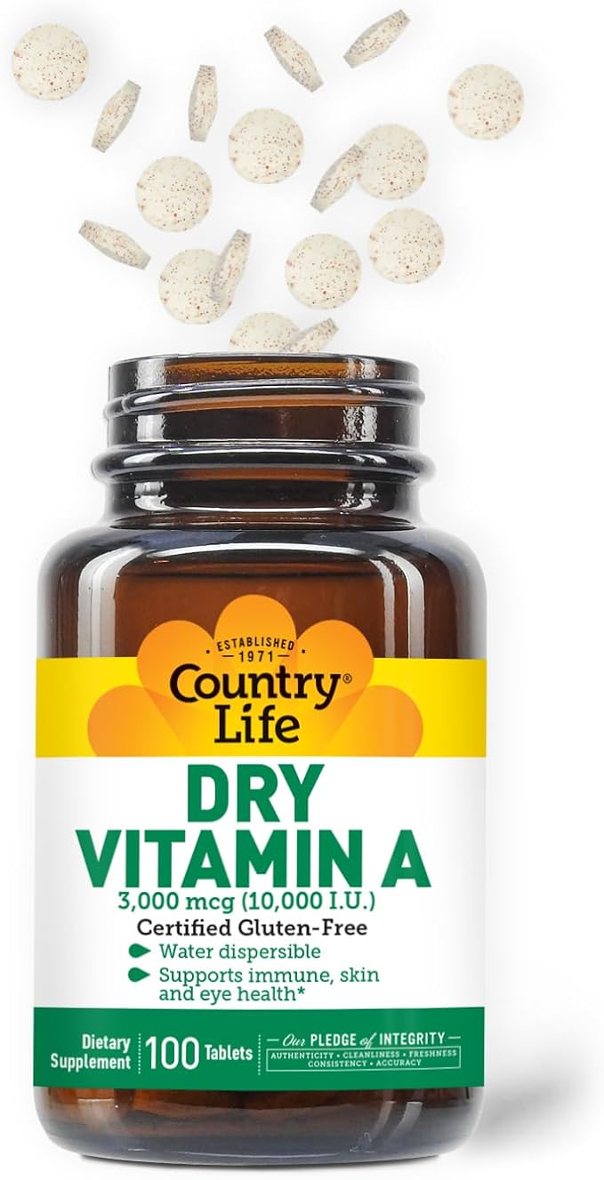 Country Life Vitamin A 10,000 IU - Immune Support, Skin & Eye Health Supplement, Certified Gluten-Free, Vegan, Halal, Kosher, 50% Beta-Carotene & 50% Retinyl Palmitate, Easy Absorption - 100 Softgels