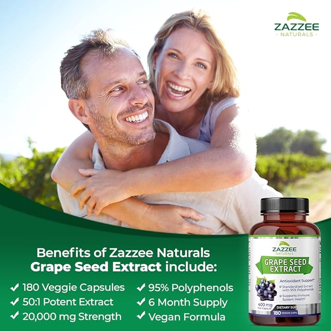 Zazzee High Strength Grape Seed 50:1 Extract, 180 Vegan Capsules, 95% Polyphenols, 400 mg per Capsule, 6 Month Supply, Standardized and Concentrated 50X Extract, Non-GMO, Made in The USA