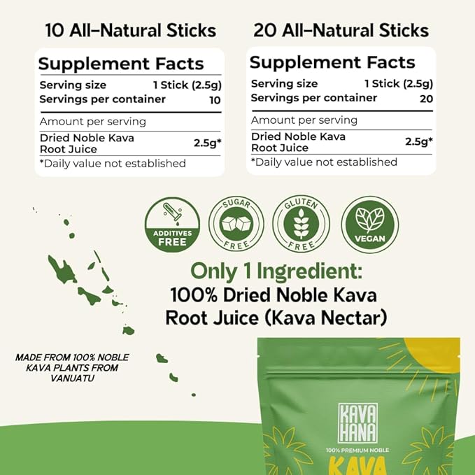 Kava Nectar Classic Ceremonial Grade Noble Kava Nectar Powder Stick Packs Promotes Social Uplift, Relaxation & Stress Support, Instant Kava Dried Kava Juice: 20 All-Natural Sticks