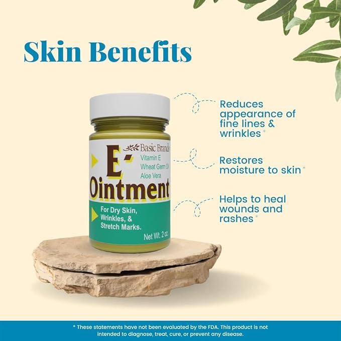 Basic Organics - Basic Brands - Vitamin E Ointment - 2 oz - Moisture Enhancing - Can Help Reduce Appearance of Scars, Stretch Marks, Fine Lines & Wrinkles - Pack of 3