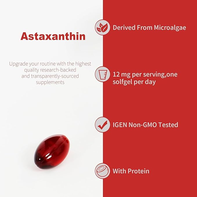 Premium Astaxanthin 12mg Softgels- 120 Servings, Supports Immune, Skin, Eye & Joint Health-Non-GMO, Gluten-Free, Microalgae Extract Supplement