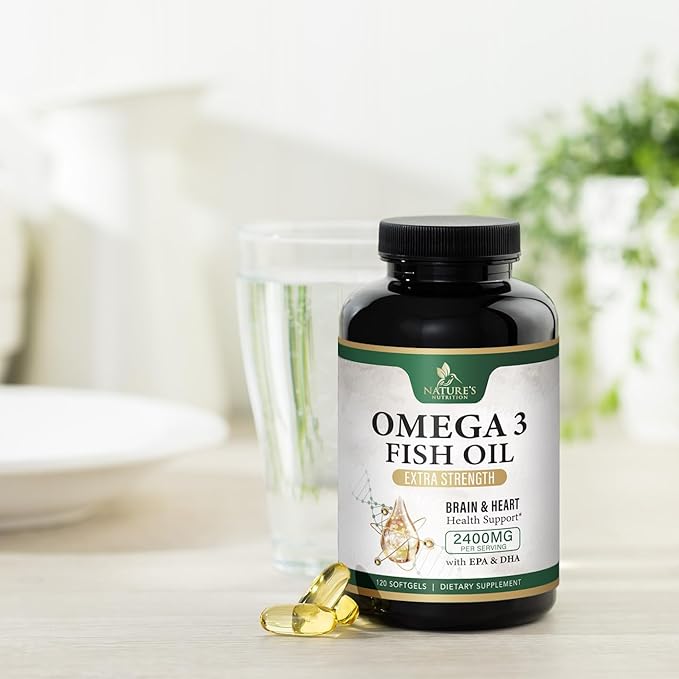Triple Strength Omega 3 Fish Oil Supplement, EPA & DHA Fish Oil Omega 3 Essential Fatty Acids Supplement Softgels, 2400mg Brain & Heart Health Support Supplements - Gluten Free, Non-GMO, 120 Softgels