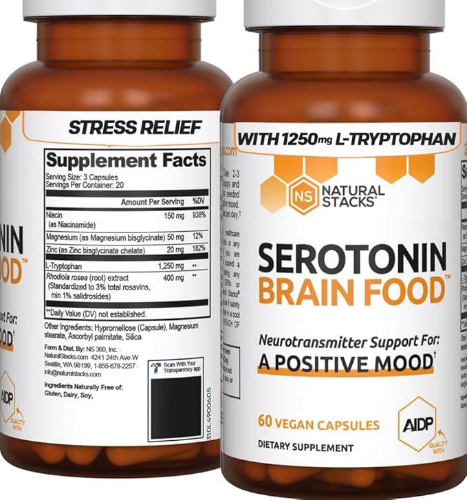 Serotonin Brain Food - 1250mg L-Tryptophan & 400mg Rhodiola Rosea Supplement - Mood Support Supplement for Stress Relief - Neurotransmitter Support with Magnesium Glycinate & Zinc - 60 Capsules