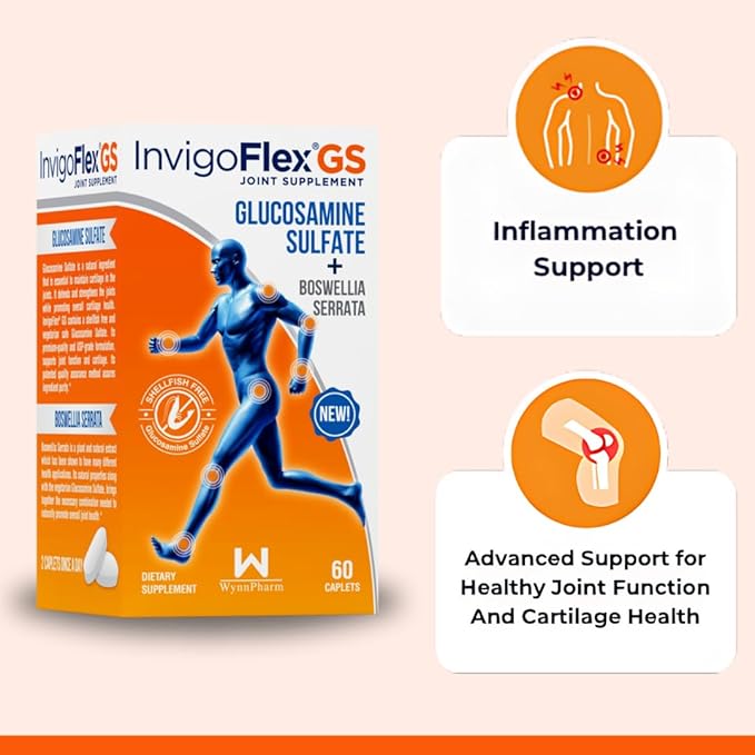 INVIGOFLEX® GS - Glucosamine Sulfate (Shellfish Free, Sodium Free & Vegetarian Safe) Non GMO, Gluten Free - with Boswellia Serrata - Knees, Hands, Back, and Hip Premium Joint Supplement