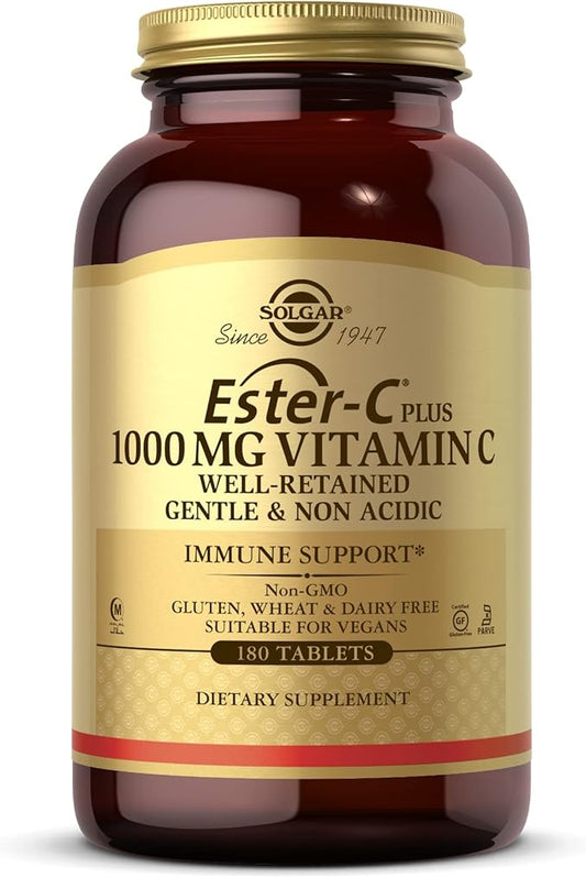 SOLGAR Ester-C Plus 1000 mg Vitamin C (Ascorbate Complex) - 180 Tablets - Gentle & Non Acidic - Supports Upper Respiratory Health - Non-GMO, Gluten Free - 180 Servings