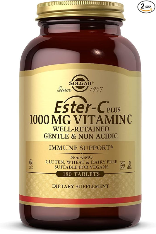 SOLGAR Ester-C Plus 1000 mg Vitamin C (Ascorbate Complex) - 180 Tablets, Pack of 2 - Gentle & Non Acidic - Supports Upper Respiratory Health - Non-GMO, Gluten Free - 360 Total Servings