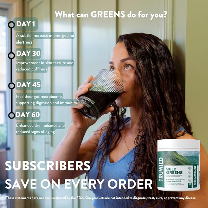 TruWild Greens Superfood Juice Powder, with 22+ Greens & Anti-Oxidants, Delicious Green Juice Powder, Natural Immune, Stress, Digestion Support, 30 Servings Per Tub (Cucumber Mint)