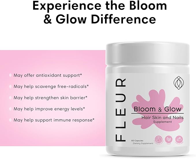 FLEUR Bloom & Glow Hair Skin and Nails Gummies, Hair Growth Supplement with Biotin & Inositol, Antioxidant Rich Vitamin A, C & E Gummies for Skin and Nail Repair, Sugar-Free, 60 Vegan Gummies