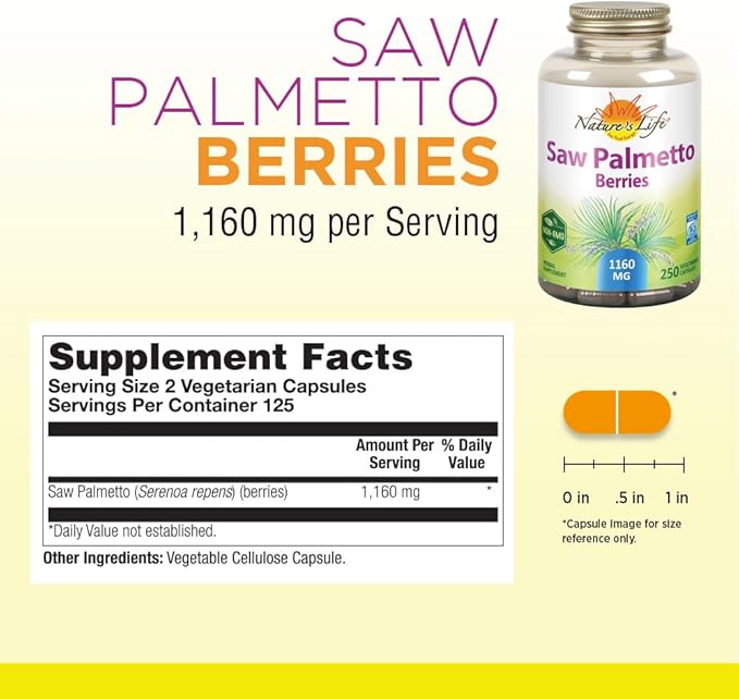 Nature's Life Saw Palmetto Berries 1160 mg | Healthy Prostate, Urination Frequency & Hair Health Support | Non-GMO | 250 Vegetarian Capsules