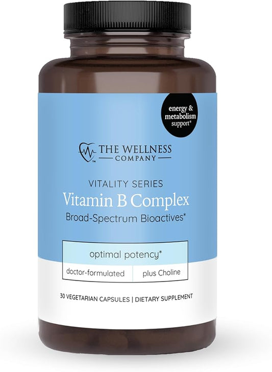 The Wellness Company Vitamin B Complex | 30 Capsules (1 Month Supply) | with B1, B2, B3, B5, B6, B7, B9, B12, and Inositol | Non-GMO, Gluten-Free | Supports Energy Production and Metabolic Health