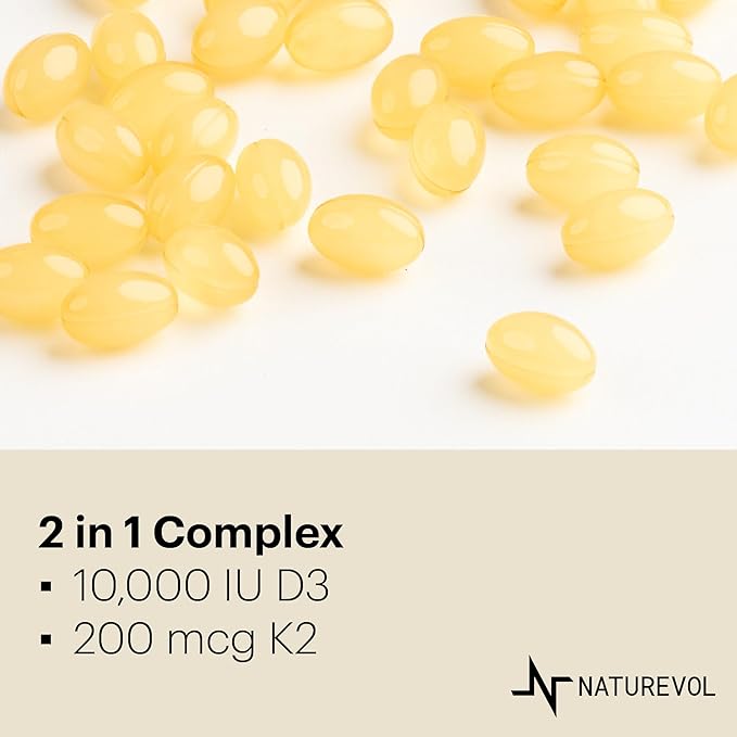 Vitamin D & K Complex with Coconut MCT Oil | D3 10000 IU Plus K2 (MK-7) 200 mcg for Healthy Muscle Function & Immune Support | Easy to Swallow | Soy & Gluten Free - Mini Softgels (240 Servings)