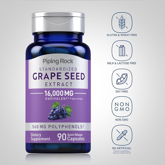 Piping Rock Grape Seed Extract Capsules | 16,000 mg | 90 Count | Standardized Supplements | Non-GMO, Gluten Free
