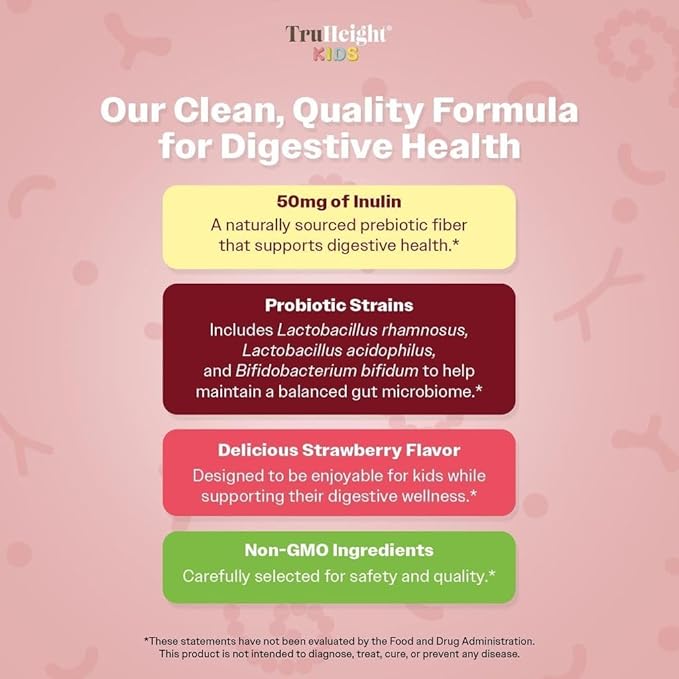 TruHeight Kids Prebiotic & Probiotic Gummies Ages 2+ (Strawberry Flavor) Toddlers & Kids All Natural Supplement for Digestive Health, Gut & Constipation Relief - Endorsed by Pediatricians Vitamins