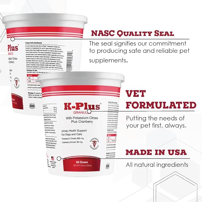 K-Plus Potassium Citrate + Cranberry Granules for Dogs & Cats – Vet-Approved UTI & Bladder Health Support – Helps Maintain Urinary Balance & Kidney Function – Easy-to-Use Granules – 60 Doses