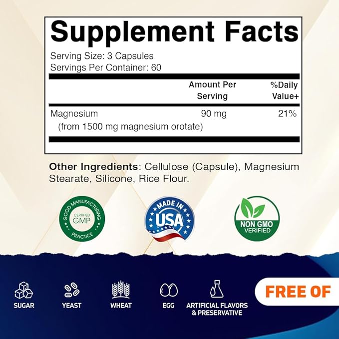 Vitamatic Magnesium Orotate Supplement – 1500mg per Serving, 180 Capsules – Supports Muscle, Nerve and Heart Health - Non-GMO, Gluten Free
