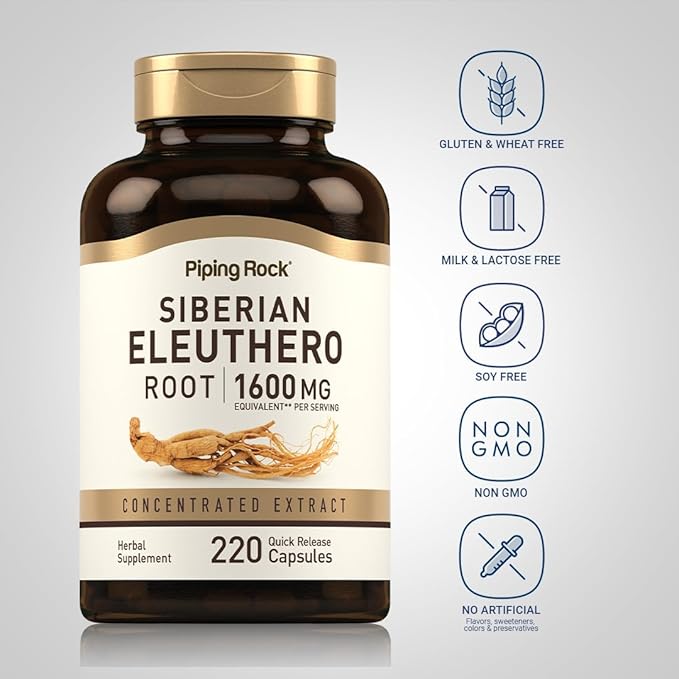 Piping Rock Siberian Eleuthero Root Capsules 1600mg | 220 Count | Concentrated Herbal Extract | Non-GMO, Gluten Free Supplement