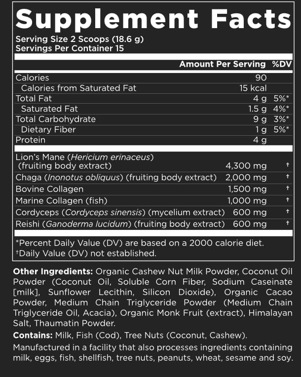 Collagenius v2.0 - Nootropic Blended Powder of 4 Mushrooms: Lions Mane, Reishi, Chaga, Cordyceps with Collagen & Superfoods - Brain Supplement (15 Servings)