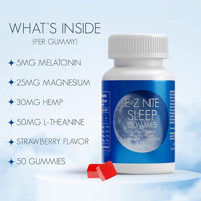 Hemp + Melatonin Sleep Gummies with L-Theanine, Magnesium | Helps You Stay Asleep Longer | Non-Habit Forming Non-GMO, Gluten Free | Strawberry Flavor 50 Count