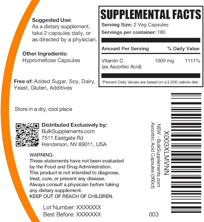 BulkSupplements.com Ascorbic Acid Capsules - Ascorbic Acid Vitamin C 1000mg, Vitamin C Supplement - Vegan & Gluten Free, 2 Capsules per Serving, 360 Count (Pack of 1)