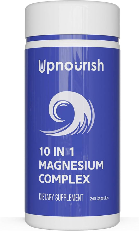 UpNourish Magnesium Supplement - 10 in 1 Magnesium Complex - Full Spectrum Magnesium Mineral Supplements with Glycinate, Citrate, Taurate, Malate, Carbonate, Oxide and More, 240 Vegan Capsules