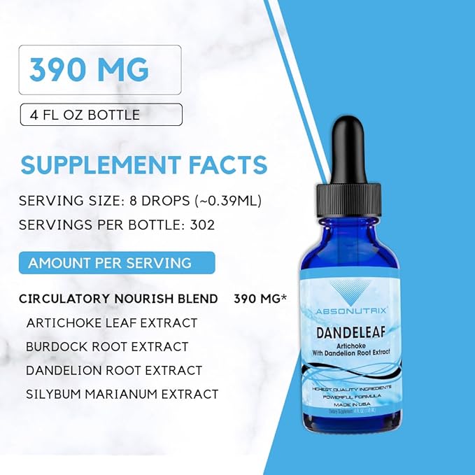 Absonutrix DandeLeaf, 390 mg, 4 FL OZ Liquid, 302 Servings, Made in USA, Potent Plant-Based Ingredients, Artichoke Leaf, Dandelion Root Extract, Gluten-Free, Non-GMO, GMP Certified