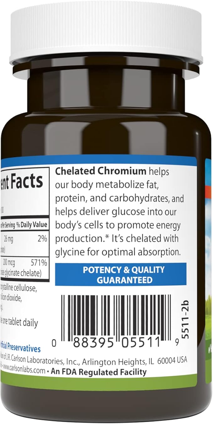 Carlson Chelated Chromium 200 mcg Superior Absorption - Healthy Metabolism Energy Production & Optimal Wellness - 100 Tablets