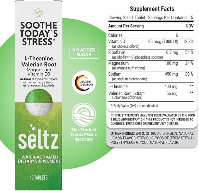 Seltz® Water-Activated Vitamins - Soothe Today´s Stress with L-Theanine, Magnesium, and Vitamin D3 – Natural Lemonade Flavor Dietary Supplement - 6 Packs x 15 Effervescent Tablets Each