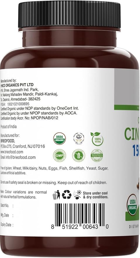 Brieofood Organic Cinnamon 1500mg, 45 Servings, Vegetarian, Gluten Free, 90 Vegetarian Tablets