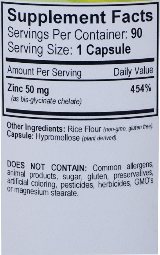 VHR ZINC Bisglycinate Chelate 50mg - Immune Support - High Absorption - No Preservatives. 90 Vegan Capsules