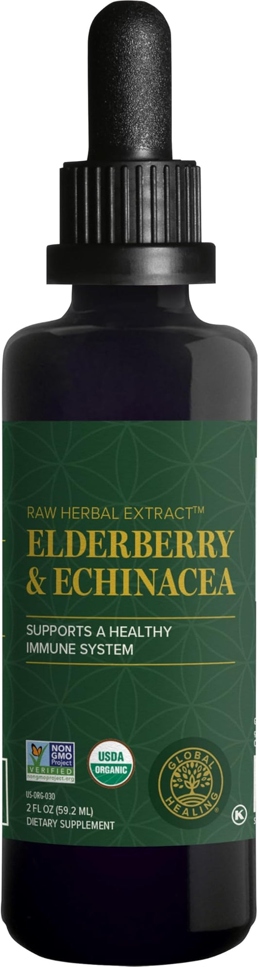 Global Healing Center USDA Organic Elderberry & Echinacea Liquid Supplement Tincture | Antioxidant Immune Support Against Harmful Organisms for Adults and Kids, Vegan, Non-GMO, 2-Month Supply (2 Oz)