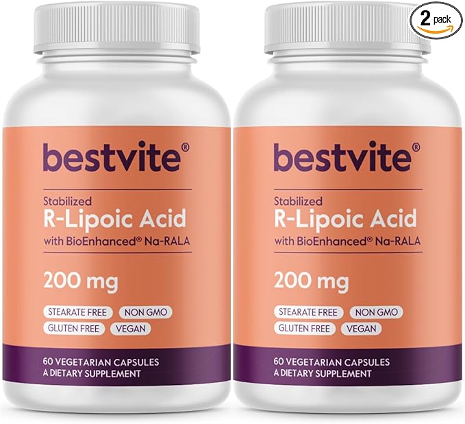 BESTVITE R-Lipoic Acid 200mg Stabilized with Bio-Enhanced Na-RLA (120 Vegetarian Capsules)(60x2) - No Stearates - No Fillers - Vegan - Gluten Free - Non GMO